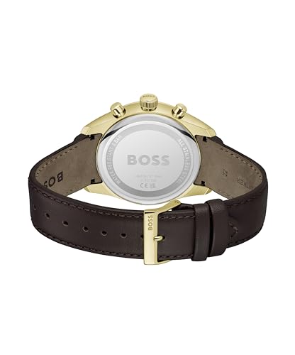 Image of BOSS Grand Prix 44 Qtz Fashion Chrono Silver White Round Dial Men's Watch|Brown Leather Material|Brown Color Band - 1514225