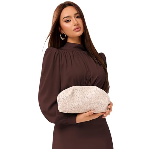 PHILOMENA Women's Woven Evening Bag Vegan Leather Clutch Purse Dumpling Ruched Bag Party Wedding Elegant Handbags, Beige, 11.02 x 3.34 x 5.9 inches by PHILOMENA - Used condition - Image 2
