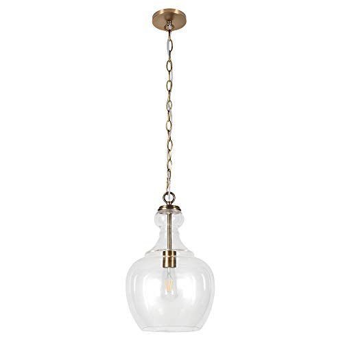 Henn&Hart 11" Wide Pendant with Glass Shade in Brass/Clear, Pendant, Flush Mount Ceiling Light Fixture for Kitchen, Living Room