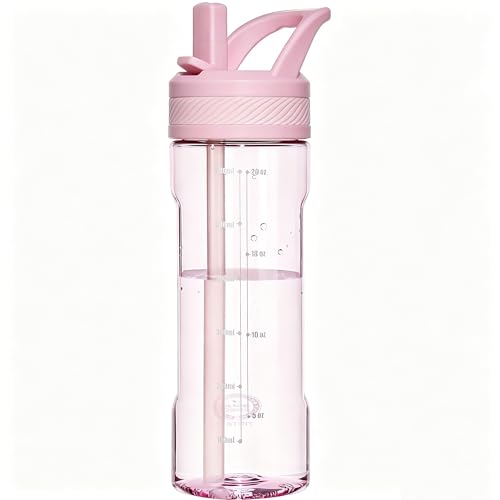 OLDLEY 20oz Kids Water Bottle with Straw BPA-Free Tritan Water Bottle for School Leakproof Clear Water Bottle with One Click Open Measurement Scale Cup Holder Friendly for Boys Girls Pink