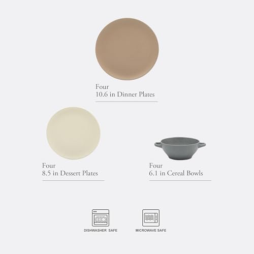 Image of Gibson Elite Clover Hill 12-Piece Stoneware Dinnerware Set - Assorted Colors in Sage Green, Charcoal, Taupe & Cream - Embossed Reactive Glaze Plates & Bowls, Microwave & Dishwasher Safe, Service for 4