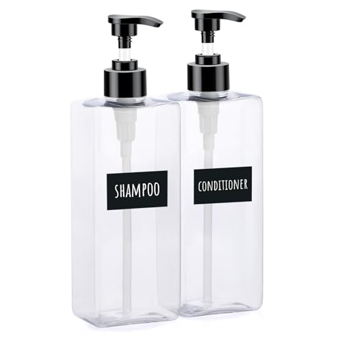 Image of Segbeauty 16.9oz Empty Bathroom Soap Dispenser, 2pcs Refillable Plastic Lotion Pump Bottles with Labels, 500ml Clear Shower Soap Dispenser Shampoo and Conditioner Bottles with Pump for Kitchen