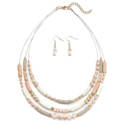 Errally Layered Clay Bead Necklaces for Women Boho Beaded Statement Necklace Costume Jewelry Sets for Women Mothers Day Gifts(67-Beige)
