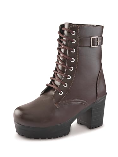 Image of XE Looks 100% Vegan Leather Women's Lace-Up Chunky Heel Ankle Boots with Buckle Detail | Trendy, Lightweight, Stylish, Comfortable and Soft, Trendy Heel Boots for Girls & Women