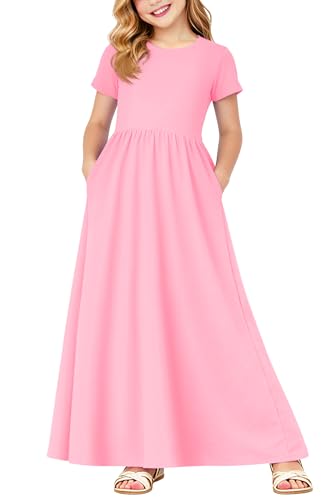 Image of Deerose Girls Maxi Dress Short Sleeve Casual Long Dresses with Pockets 5-14 Years