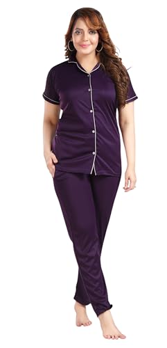 Image of Fabme Women's Satin Collor Night Suit - Top and Pyjama Set