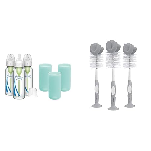 Dr. Brown's Anti-Colic Options+ Narrow Glass Baby Bottles 8oz and Level 1 Slow Flow Nipple, 3-Pack 0m+ and Mint Silicone Sleeves and Bottle Cleaning Sponge Brush Suction Cup Stand, Gray, 3 Pack