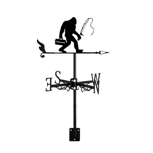 Metal Weather Vane Sasquatch Ornament Wind Vane Black Iron Retro Garden Outdoor Patio Yard Decoration Wind Direction Indicator, Bigfoot Fishing