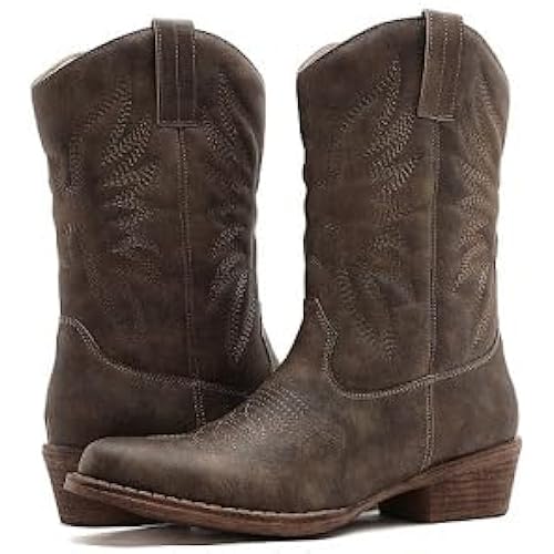 GLOBALWIN Brown Mid Calf Cowboy Boots For Women Cowgirl Boots Square Toe Western Boots With Low Heel Size 9M