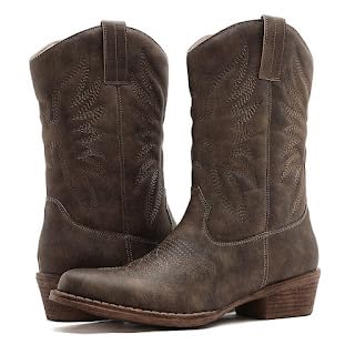 GLOBALWIN Brown Mid Calf Cowboy Boots For Women Cowgirl Boots Square Toe Western Boots With Low Heel Size