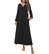 Marvmys Womens Cotton Long Sleeve Nightgown Long Sleepshirts Full Length Henley Sleep Dress with ...