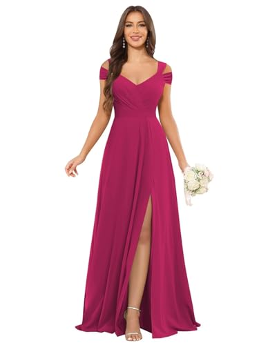 Image of petyoo Off Shoulder Chiffon Bridesmaid Dresses with Slit Long Formal Evening Dress