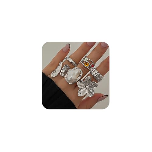 XFSRG 6 Stück Set Klobige Ringe für Damen Vintage Offene Statementringe Stapelbar und Anlaufgeschützt mit Blumen und Perlen Design Ideales Sommerschmuck Geschenk (Silber)