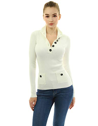 AmélieBoutik Women Button Up V Neck Ribbed Pullover Sweater with Pocket3