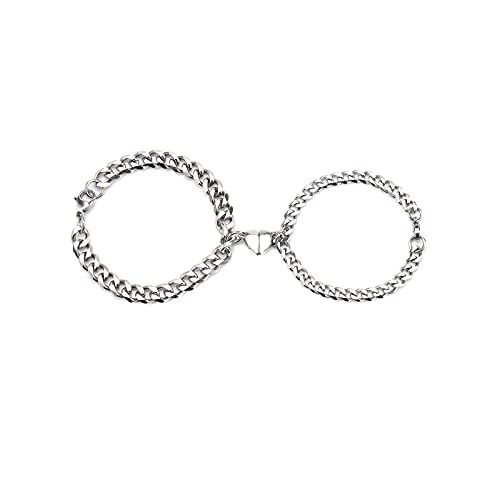 2 Pcs Magnet Couple Attracting Bracelets for Men Women Silver Gold Cuban Chain Bracelets Magnet Peach Hearts Attracting Each Other Bracelet Couple Matching Promise Mariner Thick Link for Boyfriend Girlfriend Gifts (Silver)