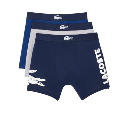Lacoste Men's Cotton Stretch Big Croc Print Boxer Briefs, 3-pack, Navy Blue/White/Dove Grey, Small
