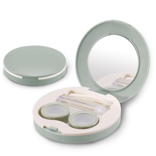 2 Pack Travel Contact Lens Case Kit, Portable Eye Contact Case with Mirror, Remover Tool, Tweezers & Solution Bottle, Lens Holder Box Container Storage for Outdoor Daily (Round, Green)