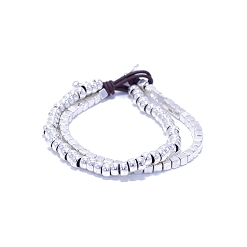 Pulsera mujer cuero y zamak bañada en plata – Pulsera cuero estilo bohemio-...