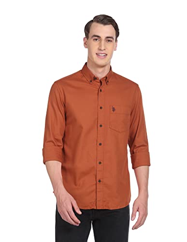 Image of U.S. POLO ASSN. Men Rust Button Down Collar Cotton Solid Casual Shirt