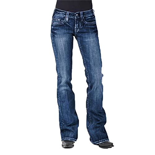 Ladies Distressed Washed Denim Trousers Stretchy Boot Cut Jeans Pocket Jeans Stretch Vintage Cotton Loose Trousers