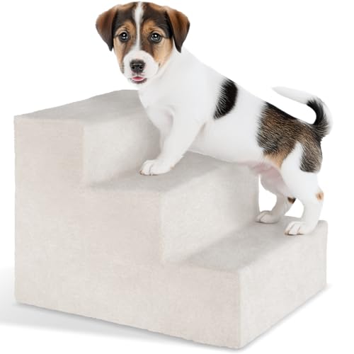 tectake® Hundetreppe oder Katzentreppe, Haustiertreppe, Einstiegshilfe mit waschbarem Bezug, extra Flache Treppenstufen, Tiertreppe für Sofa, Bett oder Auto (Sand, 37 x 45 x 34,5 cm, 3)
