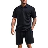 Conjunto de chándal de verano para hombre, con camiseta de manga corta y cierre de botones hasta el cuarto del pecho, y pantalones cortos deportivos con dos bolsillos laterales y cintura elástica con cordón ajustable para un ajuste cómodo.