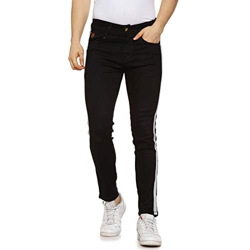 Image of CAHOOT Men' Denim Jeans for Regular Wear Blue Dark Wash Self Patterned Slim Fit Jeans Crafted with Comfort Fit and High Performance for Everyday Casual Wear