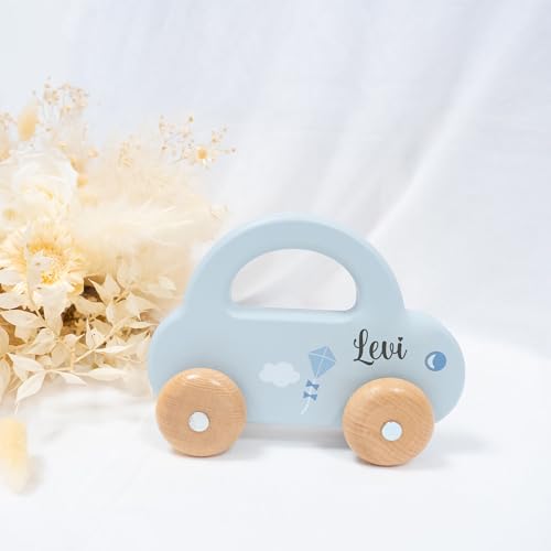 minipishop® Baby Geschenk personalisiert Junge Spielzeug Holzauto Blau I Erstes Auto mit Namen als Geschenkidee zur Geburt Holzspielzeug ab 1 Jahr