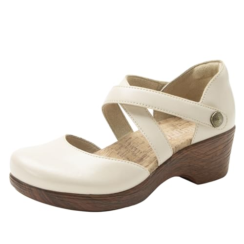 Image of Alegria Womens Savina Leather Wedge - Stylish and Versatile Mary Jane for Endless Support - Enhanced Arch Slip Resistant Platform Ankle Cross Strap Heel for Professionals