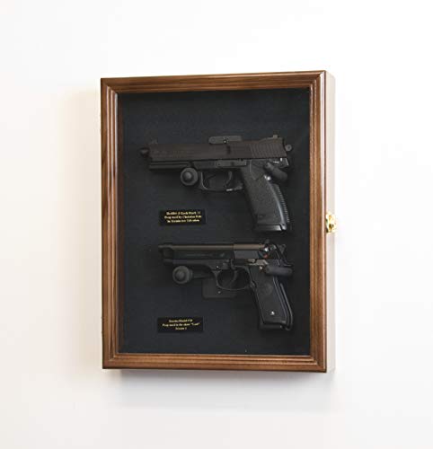 Large/Double 2 Pistol Handgun Revolver Gun Display Case Cabinet Rack Shadowbox (Walnut Finish, Black Background)