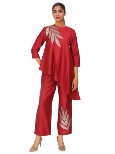Image of Women's Magenta Chanderi Sequin Embroidered Co-ord Set | Round Neck 3 /4 Sleeve Asymmetric Top with Trousers | Festive Co-ord for Party, Wedding