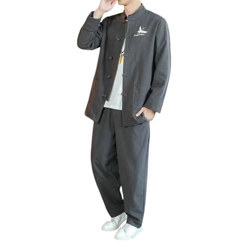 Costume d'automne pour homme en coton lin avec veste Zhongshan vintage brodée
