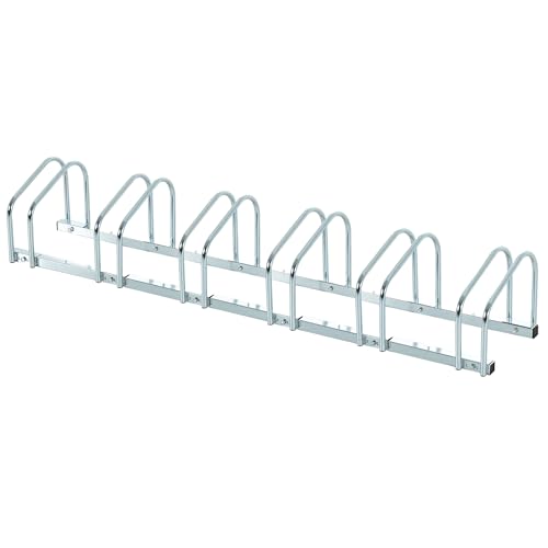 HOMCOM Rastrelliera Biciclette da Pavimento o Parete, Portabici da Terra per 6 Biciclette in Acciaio, Ruote Fino 65 mm, 179x33x27 cm, Argento