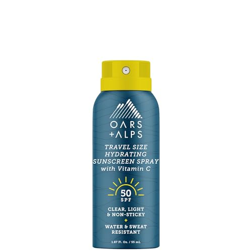 Oars + Alps Sunscreen Spray for Face & Body, SPF 50 Travel Size Sunscreen, Infused with Vitamin C & Antioxidants, No Residue, Water & Sweat Resistant, All Skin Types, Lightweight, Hydrating 1.87oz