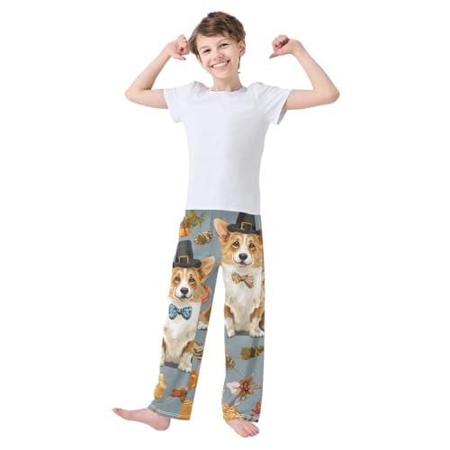 Corgi Dog Pumpkins Maple Boys Long Pants Soft Trousers Elastic Waist Kids Lounge Bottoms with Pockets S-XL3