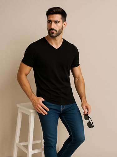 Image of Friskers Men's V-Neck Short Sleeves Cotton T-Shirt - Casual T-Shirt, Regular Fit
