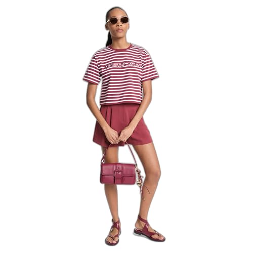 Michael Kors Women's Striped Crop Logo Tee, Deep Mulberry, L