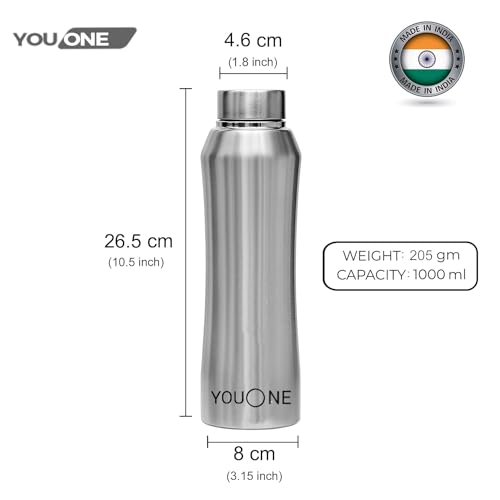 Image of YOUONE Stainless Steel Water Bottle (1 Litre, Set of 1)| Leak Proof Thunder for Fridge Home Office Travel School Kids Boys Girls Adults Sports Gym Yoga (Silver)