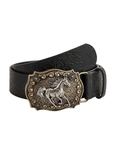 COZYEASE Women's 3D Horse Buckle Vintage Western Belts Embossed PU Leather Belts Cowgirl Waist Accessories