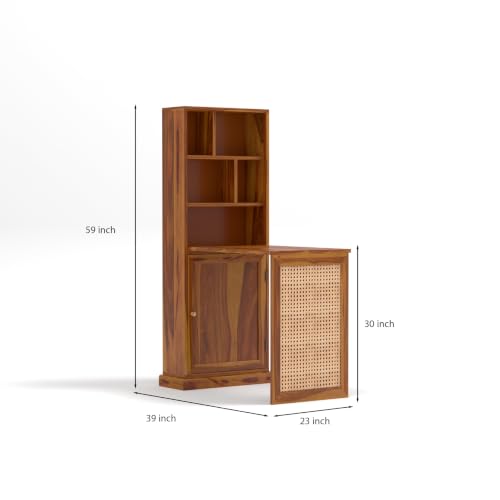 Image of Sheesham Wood Foldable Study Table with Bookshelf & Storage Cabinet | Cane Panel Writing Desk (Honey Finish)