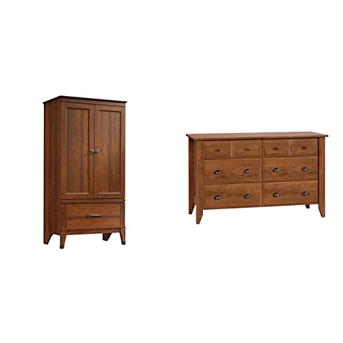 Sauder Carson Forge Armoire Shoal Creek Dresser Bundle | Washington Cherry and Oiled Oak Finish
