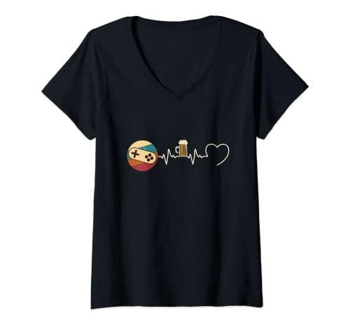 Womens Beat Heart Console Beer Humor Gamer Man Gift V-Neck T-Shirt