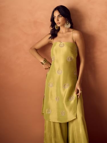 Image of FIORRA Women Lime Green Tissue Blend Hand Embellished Kurta Set with Dupatta