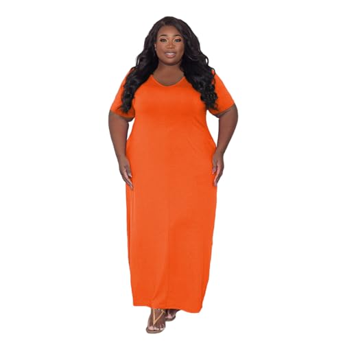 Image of TOPSRANI Womens Plus Size Maxi Dresses for Women Oversize Casual Short Sleeve V Neck Loose Plain Solid Trendy Summer Dress