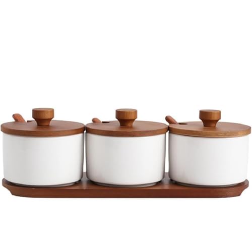 MAGICVOGEL 3er Set Gewürzbehälter Zuckerdose mit Deckel,Löffel und Serviertablett Porzellan Gewürzdosen Gewürzstreuer Set für Küche Esstisch Café Restaurant Buffet Party (Weiß)