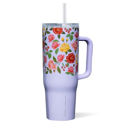 Corkcicle x Rifle Paper Co. Cruiser Insulated Tumbler with Handle & Straw - Keeps Drinks Cold 20 Hours - BPA-Free - Gift for Mom - Great for Mother's Day or Christmas - 40 oz - Roses Purple