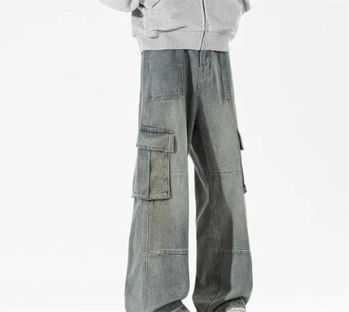 Men's Baggy Straight Cargo Jeans Vintage Denim Pants Fashion Multi Pocket Design Leisure Trousers3