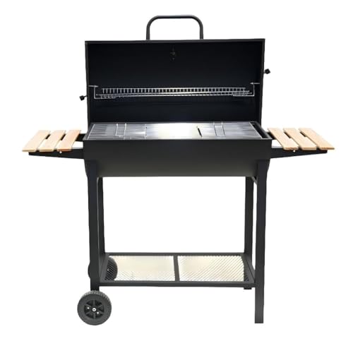 Barbecue au charbon de bois avec tables d'appoint, grand barbecue d'extérieur fumoir, 125 x 55 x 128 cm, noir
