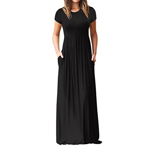 JYC Encaje Elegante Casual Vestido,Verano Suelto Vestido,Vestido Fiesta Mujer Largo Boda, Mujer O Cuello Casual Bolsillos Corto Manga Piso Longitud Suelto Fiesta Vestir (M, Negro)