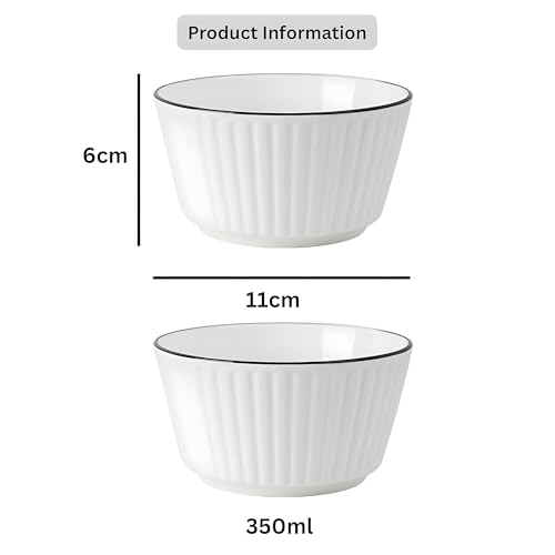 Image of Elegant White Ceramic Dessert Bowls with Black Rim - Set of 2, Ribbed Design, Perfect for Ice Cream, Desserts, Snacks, and More (2 Round Bowls)